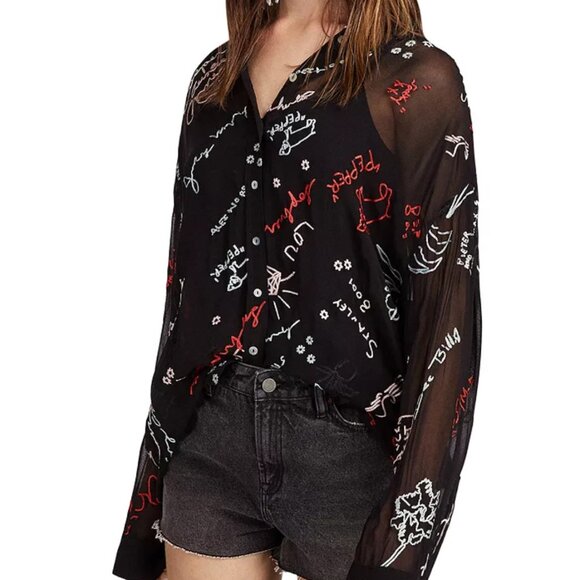 ALLSAINTS NWOT SM KYRA GRAFF SHIRT SHEER GRAFFITI BUTTON FRONT BLACK RED WHITE - Picture 1 of 7